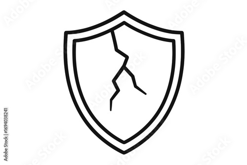 Broken shield icon concept of vulnerability and risk. Cracked guard symbol of failed security, data breach or damage. Metaphor for weakness, unprotected system failure.