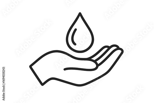 Hand holding oil drop line art vector, simple minimalist cartoon illustration, clean transparent background, essential oil symbol, wellness and nature concept, skincare and liquid drop care