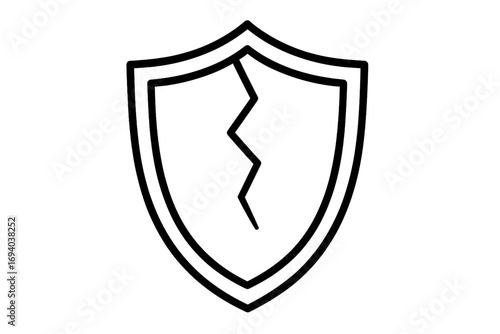 Cracked shield outline. Broken protection sign. Vulnerability and security failure concept. Symbol for data breach, cyber attack, danger, risk, and insecure systems.