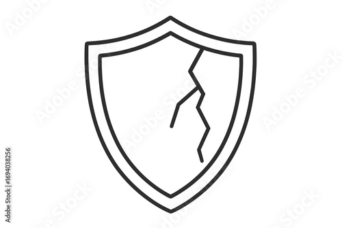 Cracked shield line icon. Symbol of broken protection, vulnerability, data breach, security failure. Metaphor for risk, danger, system error, weak defense, and hacking.
