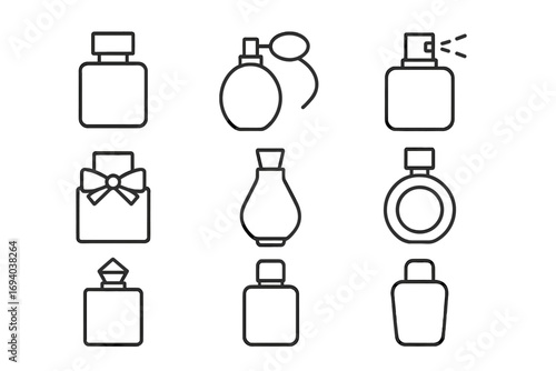 Perfume bottle line icon set. Fragrance spray and atomizer collection. Vector outline pictogram for beauty, cosmetic and aroma concepts. Minimalist graphic for web, apps.