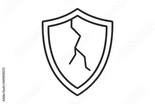 Cracked shield icon. Broken protection and security symbol. Concept of vulnerability, risk, data breach, and failed defense. Vector outline illustration for web and apps.