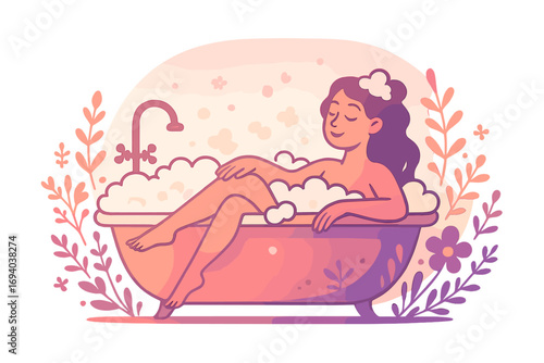 Relaxing woman bathing in bathtub with foam bubbles surrounded by floral decoration, cozy bathroom scene, wellness and self-care illustration, vector cartoon style for web and landing page design