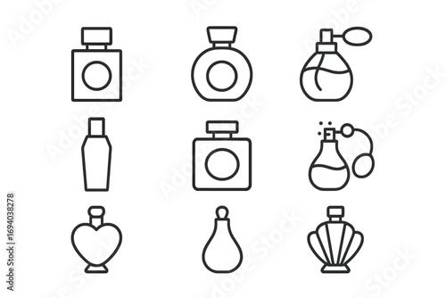 Perfume bottle line icon set. Fragrance and cologne outline vector symbols. Cosmetic and beauty product pictogram collection. Scent, aroma, spray flacon and atomizer icons.