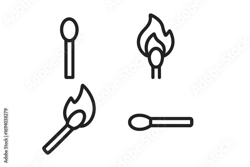 Matchstick outline icons set with fire flame, ignition symbols, vector cartoon illustrations for graphic design, web, apps, advertising, and card projects, transparent background