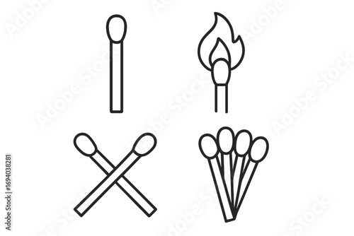 Matchstick outline vector set for graphic design, web, app, advertising, and various creative projects, includes single, flaming, crossed, and grouped matches, transparent background, cartoon style