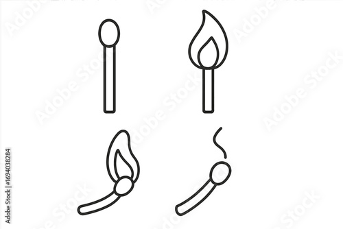 Matchstick outline vector set with flame stages, ignition process illustration for graphic design, web apps, advertising, and creative card projects, transparent background