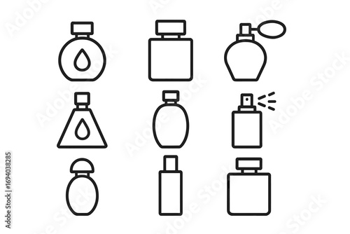 Perfume bottle line icon set. Fragrance and cosmetic container collection. Outline pictogram for beauty, spa, web. Eau de toilette, cologne spray, serum dropper symbols.