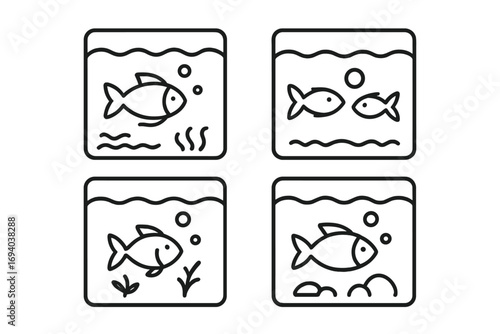 Set of fish in aquarium line icons. Minimalistic linear pictogram bundle for web and graphic design. Simple aquatic pet in fishbowl concept. Outline vector symbol collection.