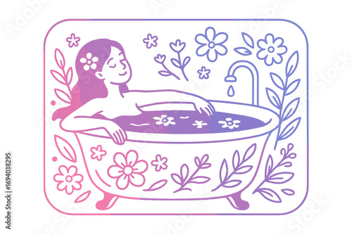 Relaxing woman bathing in floral bathtub with purple pink gradient, peaceful spa self-care concept, cartoon vector illustration, wellness and beauty design, transparent background