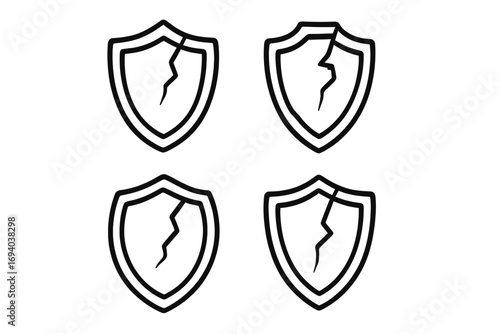 Cracked shield icon set. Broken protection symbol. Metaphor for vulnerability, security failure, data breach, risk, and damage. Vector line art illustration for web and apps.
