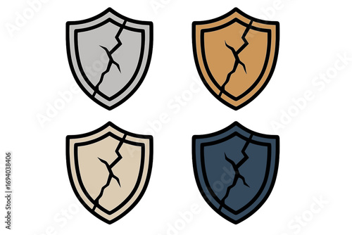 Cracked shield collection vector icons. Broken security and data breach metaphor. Damaged antique crest sign. Set of defense symbols illustrating vulnerability, risk, and failure.