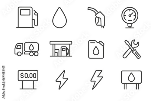 Gas station line icon set for fuel and energy industry. Vector pictograms of petrol pump, oil drop, diesel nozzle, tanker, and car service tools. Minimalistic design with editable stroke.