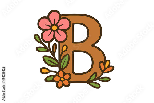 Letter B floral logo design with cartoon style flowers and leaves, decorative plant illustration, elegant nature-inspired monogram with pink and orange blossoms, vector graphic