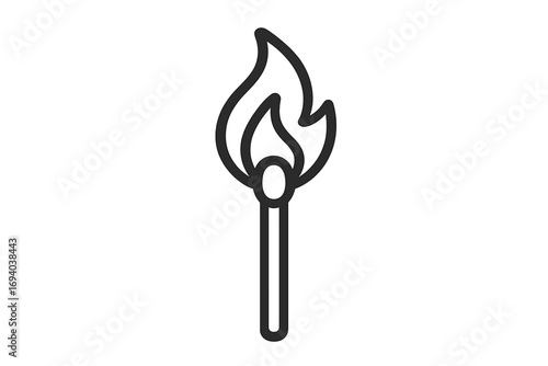 Matchstick outline linear icon with flame, burning match vector illustration for graphic design, apps, adverts, web icons, safety concept, fire symbol