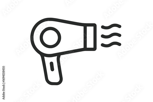 Hair dryer icon vector line art. Minimalistic outline symbol for hairdressing, salon, and beauty. Blow dryer pictogram for hairstyling, web design, apps, and UI. Hot air flow illustration.
