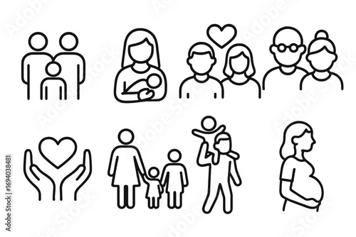 Family life cycle icon set. Simple outline symbols of couple, parents, child, pregnancy, newborn baby & seniors. Linear vector pictogram collection for web. Editable stroke.