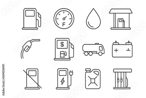 Gas station icon set. Fuel and petrol pump line icons. Diesel, car battery, EV charging station, fuel gauge, oil drop, and tanker truck. Minimalist editable stroke vector.
