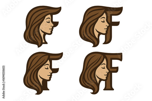 Elegant letter F logo with beautiful woman face and flowing hair, feminine style icon, hair salon vector design, beauty profile silhouette set, cosmetic branding