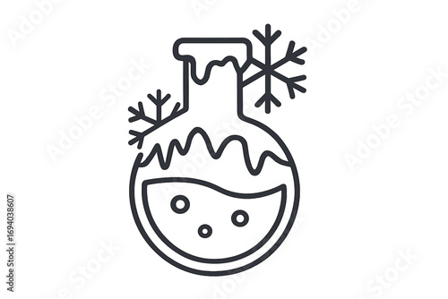 Science experiment with cold temperature. Frozen laboratory flask with ice and snowflakes. Frost resistance, cryogenics concept. Chemistry research symbol. Isolated vector icon.