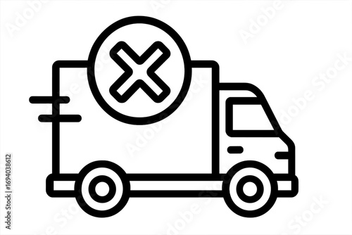 Delivery cancelled icon. Truck with cross mark for failed shipment, rejected order, or returned parcel. Logistics problem concept. Lorry transport error vector outline symbol.