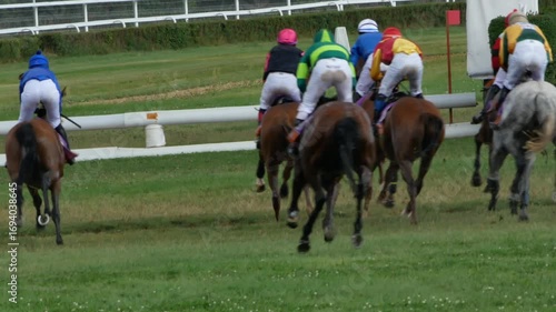 Wroclaw, Poland - September 7, 2025 Horse racing event filmed in Wroclaw, Poland, on September 7, 2025. Footage shows jockeys riding horses in competition on the racetrack.