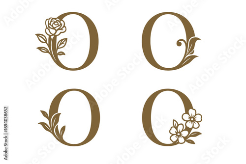 Elegant letter O monogram with floral beauty design, serif style decorative logo set, vintage botanical ornament illustration, nature inspired vector art, transparent background