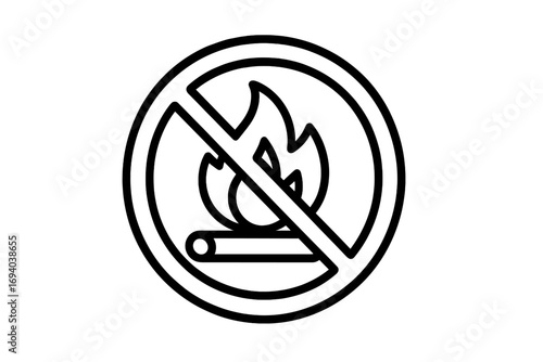 No fire sign vector icon. Fire prohibited symbol, do not use open flame warning. Danger of flammable materials. Bonfire and campfire forbidden outline illustration for safety.