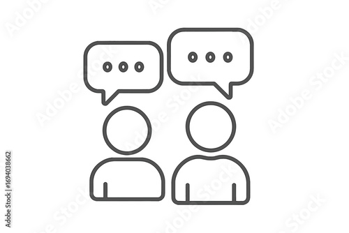 Simple line icon of two people talking. Communication, dialogue, conversation concept. Symbol for meeting, teamwork, discussion, chat, support, feedback, or interview. Vector.