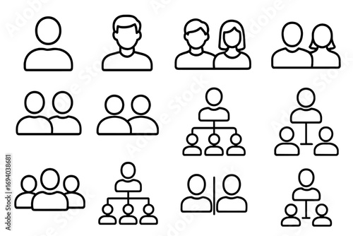 Related simple icon set of people and hierarchy with employers, couples, groups, and organizational charts for graphic design, web, cards, books, and articles vector illustration