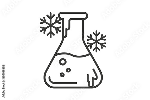 Frost resistance science icon. Cold proof metaphor. Low temperature experiment. Lab flask symbol. Frozen liquid chemical test. Cryogenics research. Freeze-resistant material.