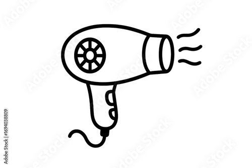 Hair dryer icon vector line art illustration. Blow dryer symbol for hairdressing, beauty salon, or personal care. Simple pictogram of hair styling appliance blowing hot air.