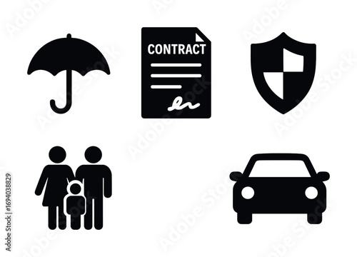 Insurance icons representing contract, protection, family, and automobile