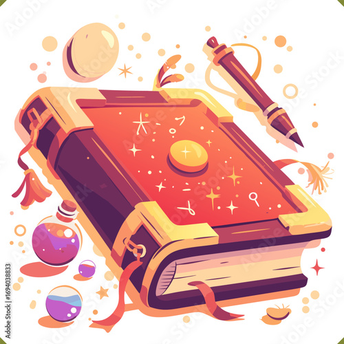 Vector illustration of magical book with glowing star emblem, fantasy style, isolated on white background