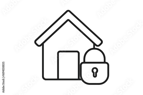 Home security lock icon vector, house safety symbol, secure property protection illustration, locked house concept, safety app graphic design, outline lineart image