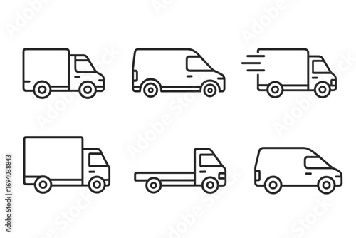 Delivery truck and van icon set for logistics and shipping. Thin line transport vehicle symbols for cargo and freight. Fast delivery service concept. Editable stroke vector.