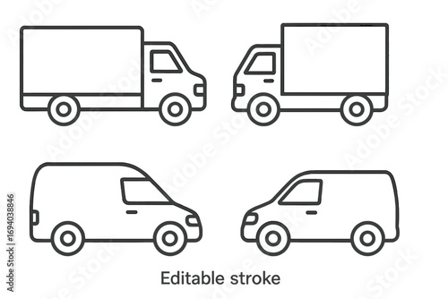 Delivery truck and van line icon set. Commercial vehicle outline collection for shipping and logistics. Simple transport symbols with editable stroke for easy customization.