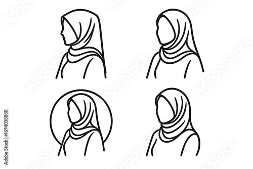 Muslimah Hijab Line Art Logo Design Vector, Modern Minimalist Woman Silhouette, Fashion Icon, Islamic Clothing, Modest Style Illustration, Transparent Background Set