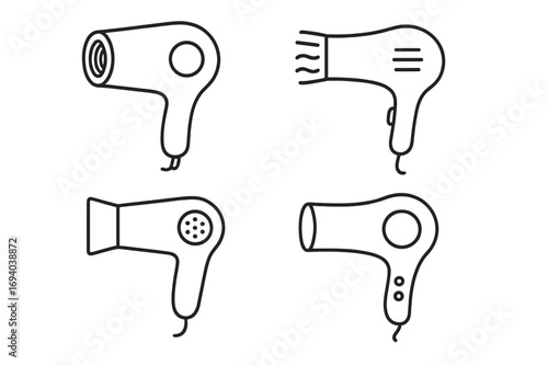 Hair dryer line icon set. Blow dryer symbol collection. Hairdresser and beauty salon equipment. Hair care and styling tool. Vector pictogram outline illustration isolated.