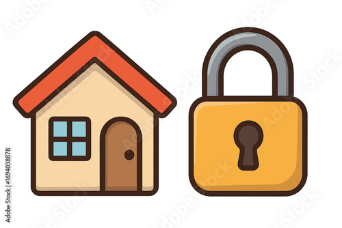 Simple house icon with lock symbol for security concept, vector cartoon illustration, home protection graphic for apps and websites, transparent background, ordered set