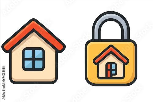 Simple house and lock icon set, security concept for apps and graphics, vector cartoon illustration with transparent background, home protection symbols