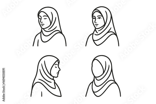 Muslimah woman wearing hijab line art logo design, elegant female face vector illustration, minimalistic fashion icon set, transparent background, abstract portrait collection