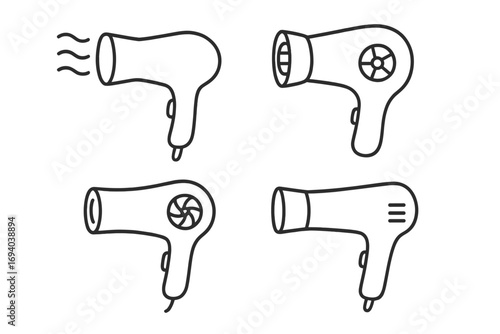 Hair dryer icon set. Blow dryer thin line collection for web and apps. Vector cartoon illustration. Hairdressing tool symbol. Beauty salon appliance for hair care and styling.