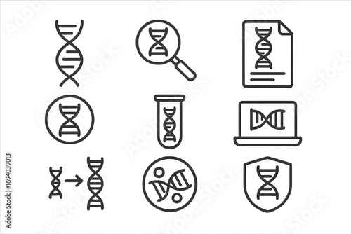 DNA thin line icon set. Genetics science, biotechnology, biology research vector symbols. Gene engineering, lab test, analysis, report, and evolution concepts. Editable stroke.