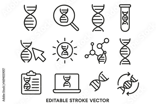 DNA line icon set. Genetics and biotechnology concepts. Gene research, helix structure, genetic engineering, analysis, lab test. Editable stroke vector for science.