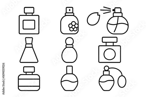 Collection of perfume and fragrance bottle line icons. Vector graphic set of cosmetic spray and cologne symbols. Minimalist outline pictograms for beauty and lifestyle concepts.