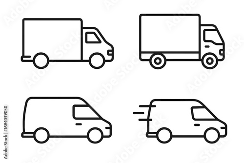 Delivery truck and van line icon set. Logistics and shipping transportation symbols. Fast courier service vehicle outline pictogram collection for web and apps. Editable stroke vector.