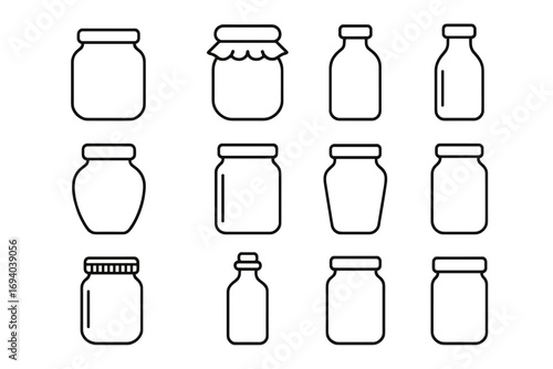 Glass jar and bottle line icon collection. Vector outline set of empty glassware containers for food preserves, jam, and canning. Minimalist pictograms for web and apps.