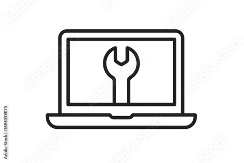 Laptop repair service icon. Computer maintenance and tech support concept. IT help desk pictogram. Notebook with wrench tool symbol for troubleshooting and configuration settings.