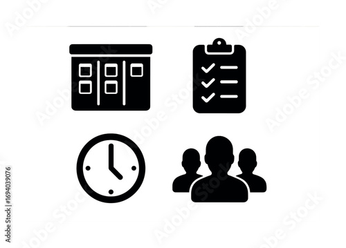 Project management icons: calendar, checklist, clock, team silhouette for organization